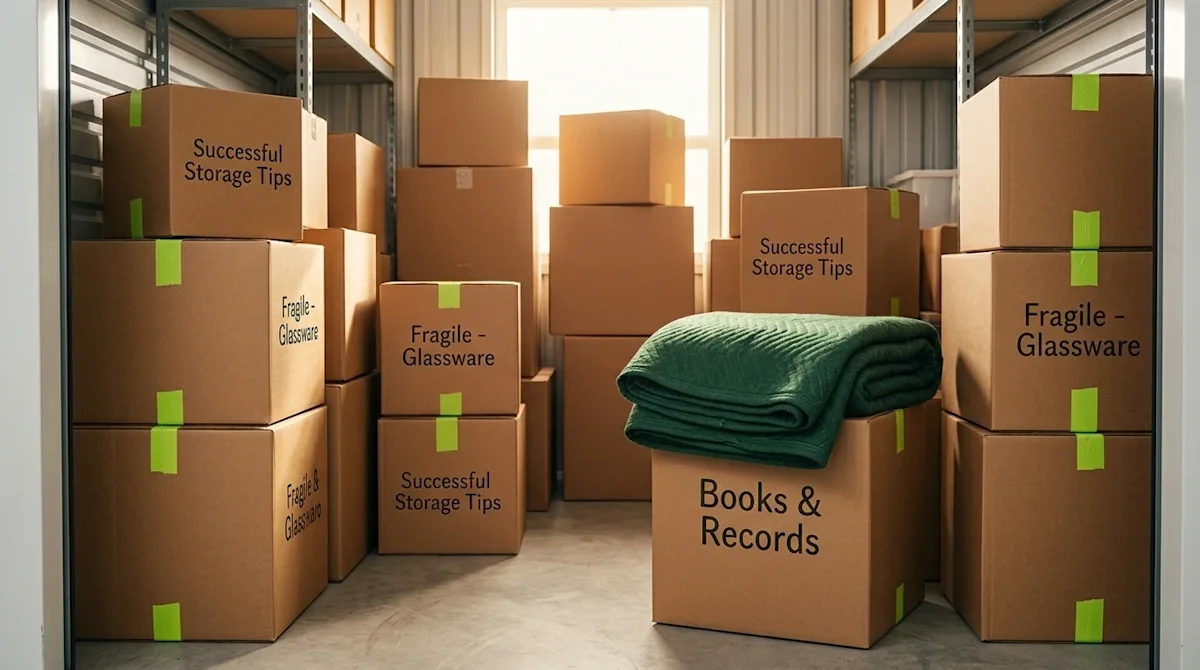 A high-quality, photorealistic lifestyle photograph illustrating successful storage tips, set inside a clean, brightly lit st