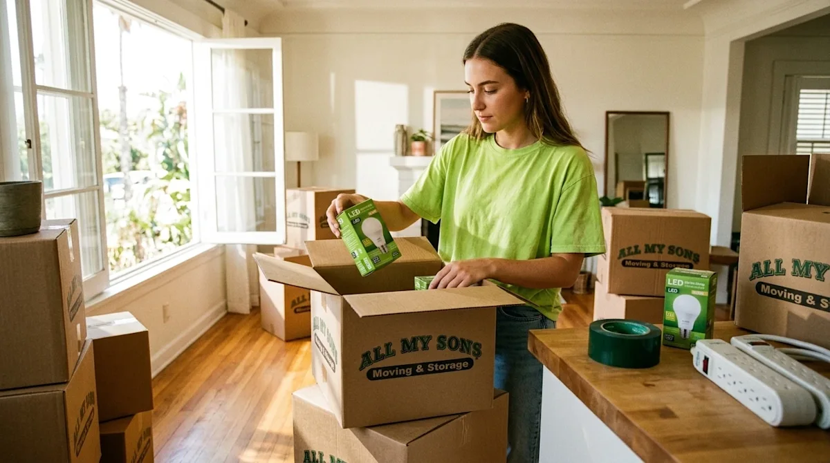 Candid 35mm film lifestyle photography of a person packing a cardboard moving box in a bright, sun-drenched living room. The