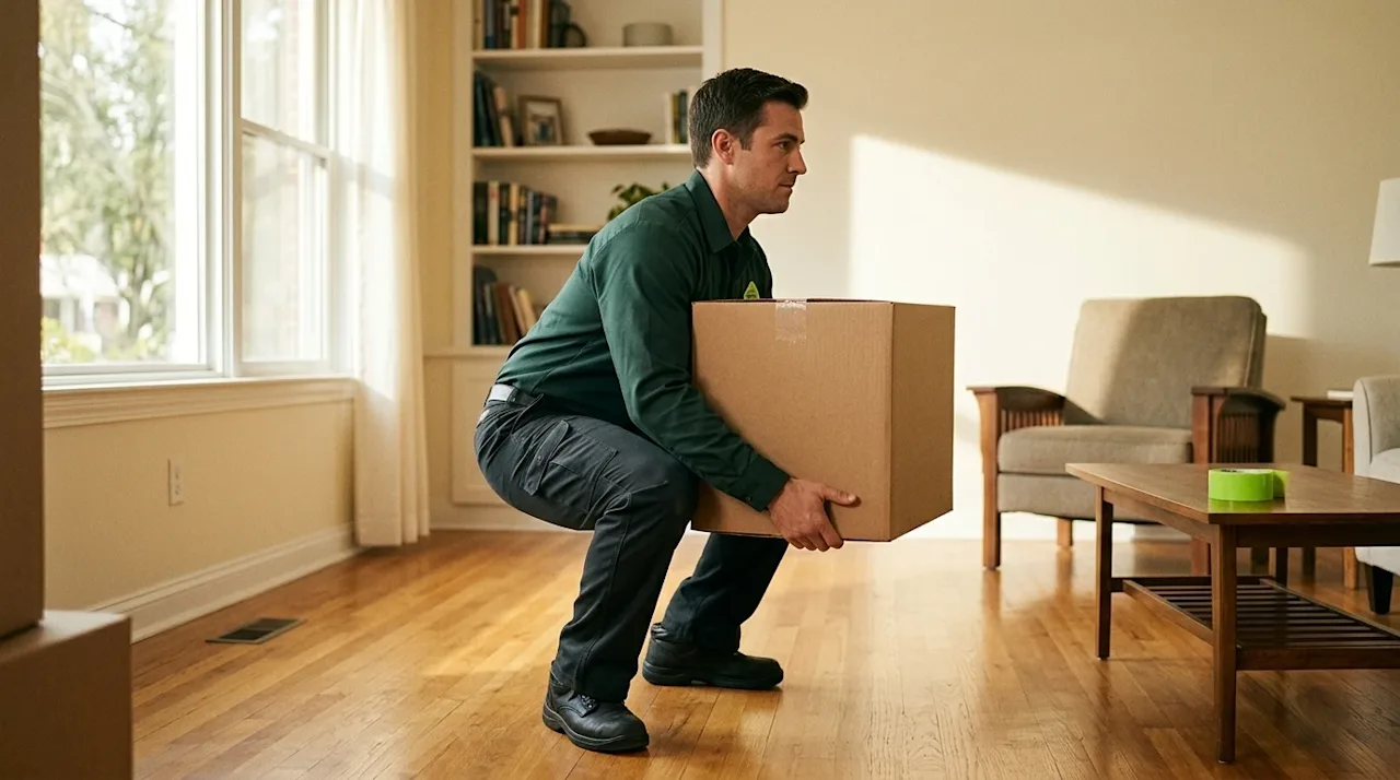 Professional marketing photography of a mover demonstrating proper lifting techniques in a bright, sunlit residential living