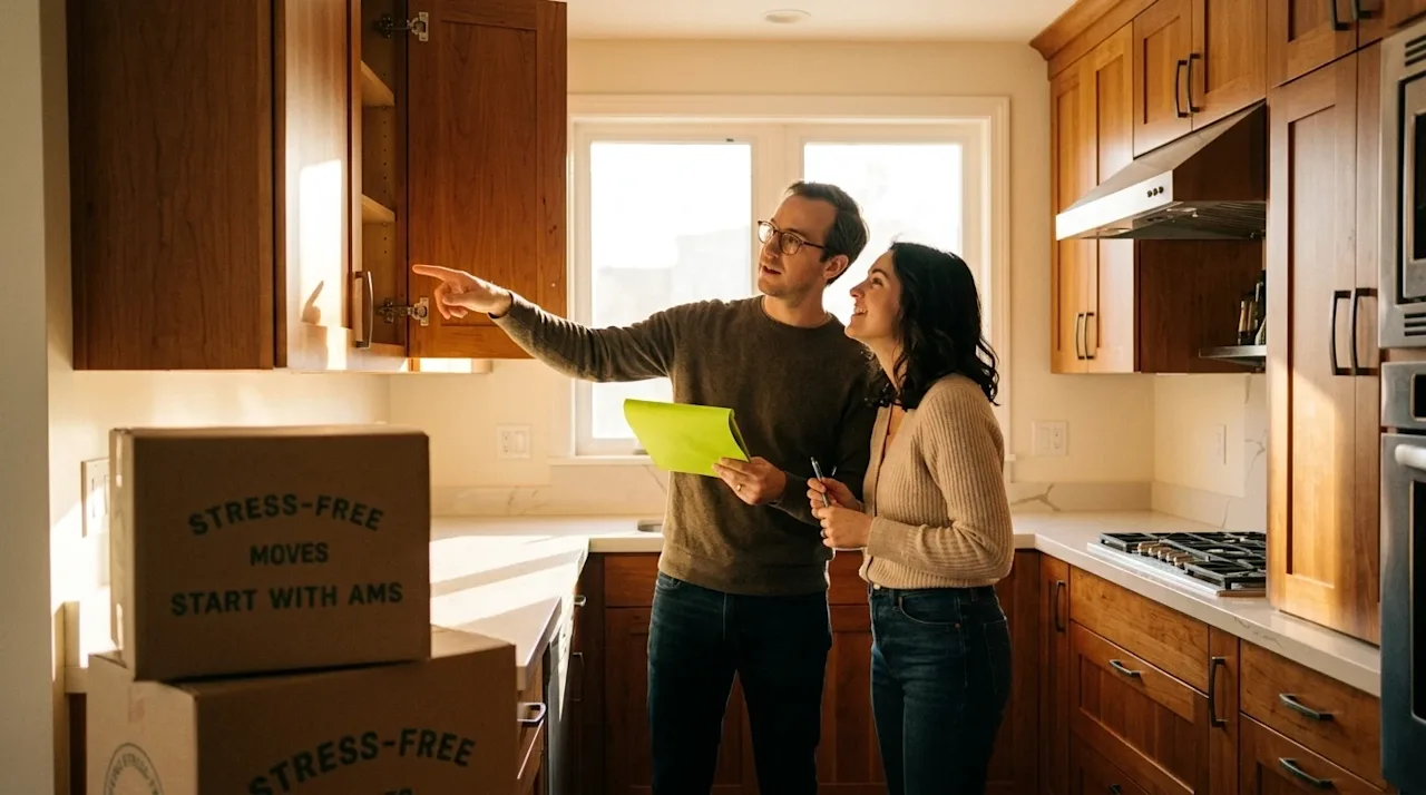 Candid lifestyle photography of a young couple doing a walkthrough inspection of a bright, empty apartment. The couple is clo