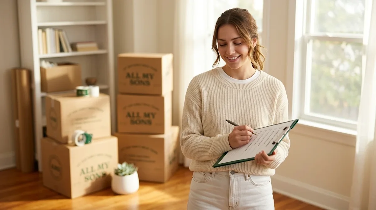 Professional commercial photography of a young woman standing in a bright, sunlit living room preparing for a move. She is sm