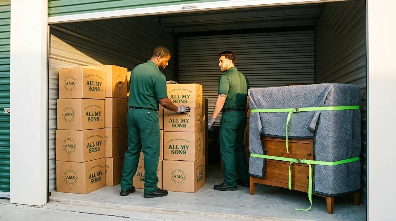 Authentic lifestyle photography of professional movers organizing a clean, brightly lit storage unit. Two movers wearing deep
