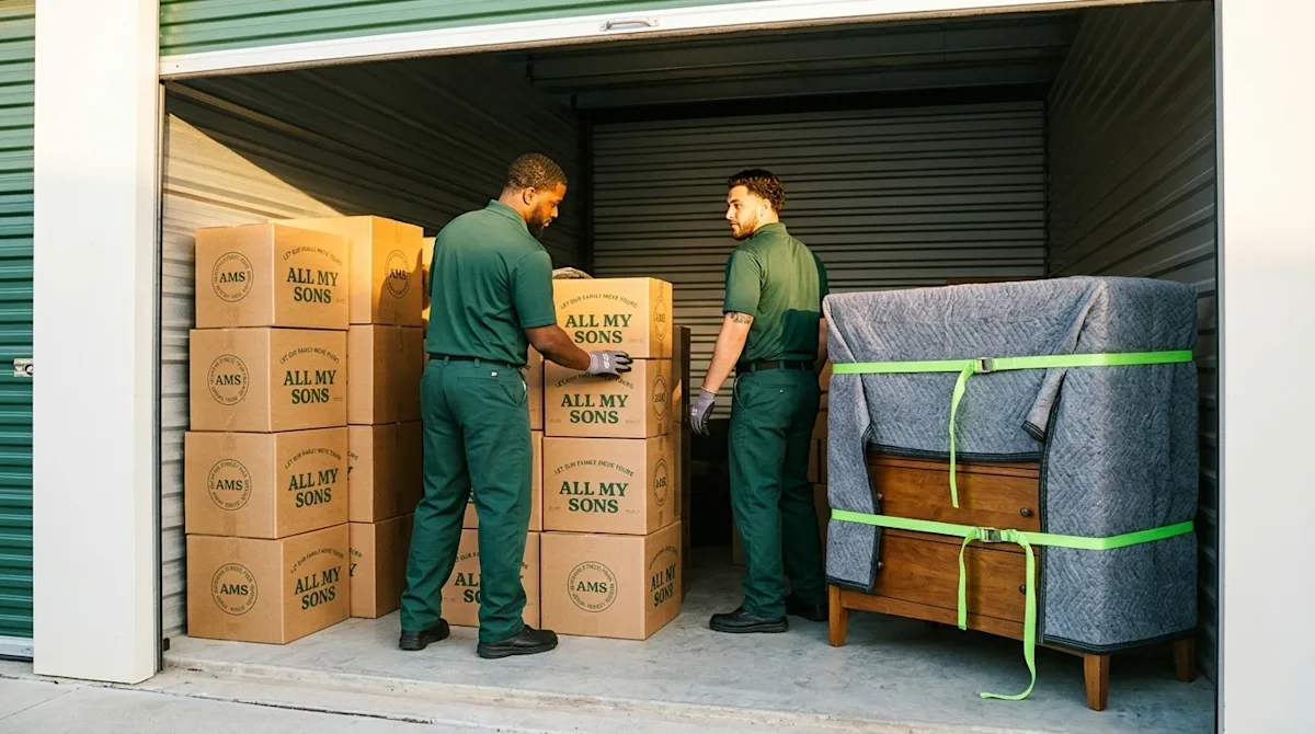 Authentic lifestyle photography of professional movers organizing a clean, brightly lit storage unit. Two movers wearing deep