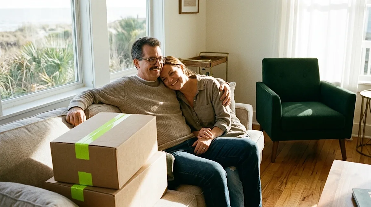 Candid lifestyle photography of a smiling, relaxed couple taking a stress-free break from packing, sitting comfortably in a b