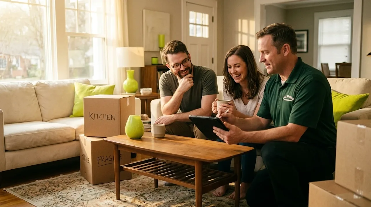 Candid, authentic documentary-style photograph of a happy, relaxed couple smiling and talking with a friendly moving professi