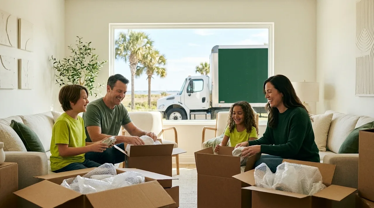 A candid, authentic lifestyle photograph of a family happily preparing for a long-distance move, packing their belongings int