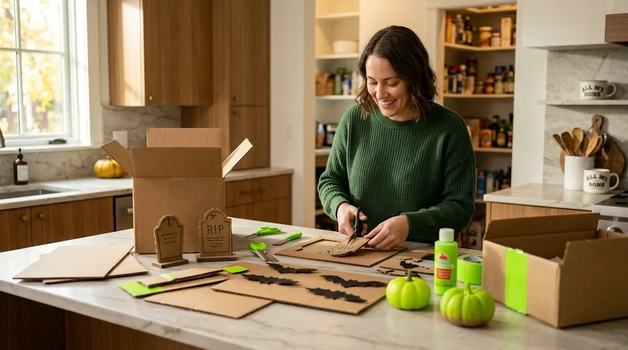 Professional marketing photography of a cozy, sunlit home interior, capturing a cheerful person creating DIY Halloween decora