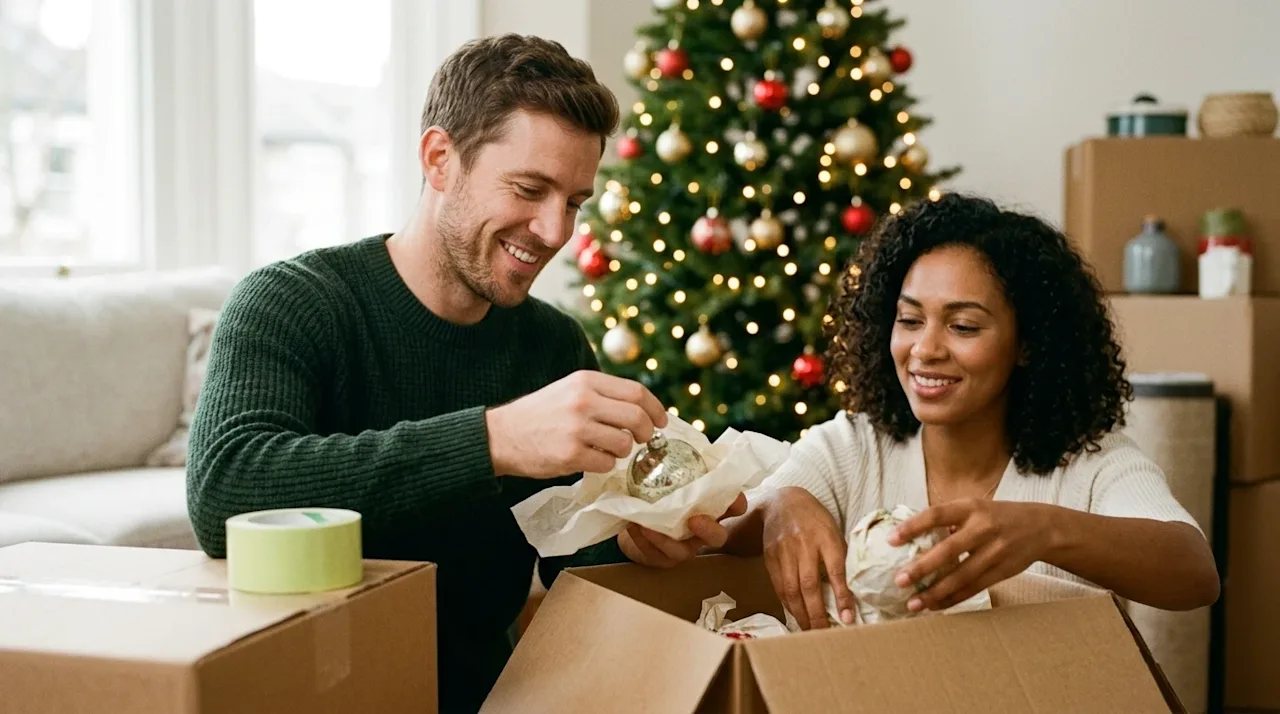 Candid lifestyle photography of a family packing up their home for a move during the holiday season. A smiling couple is care