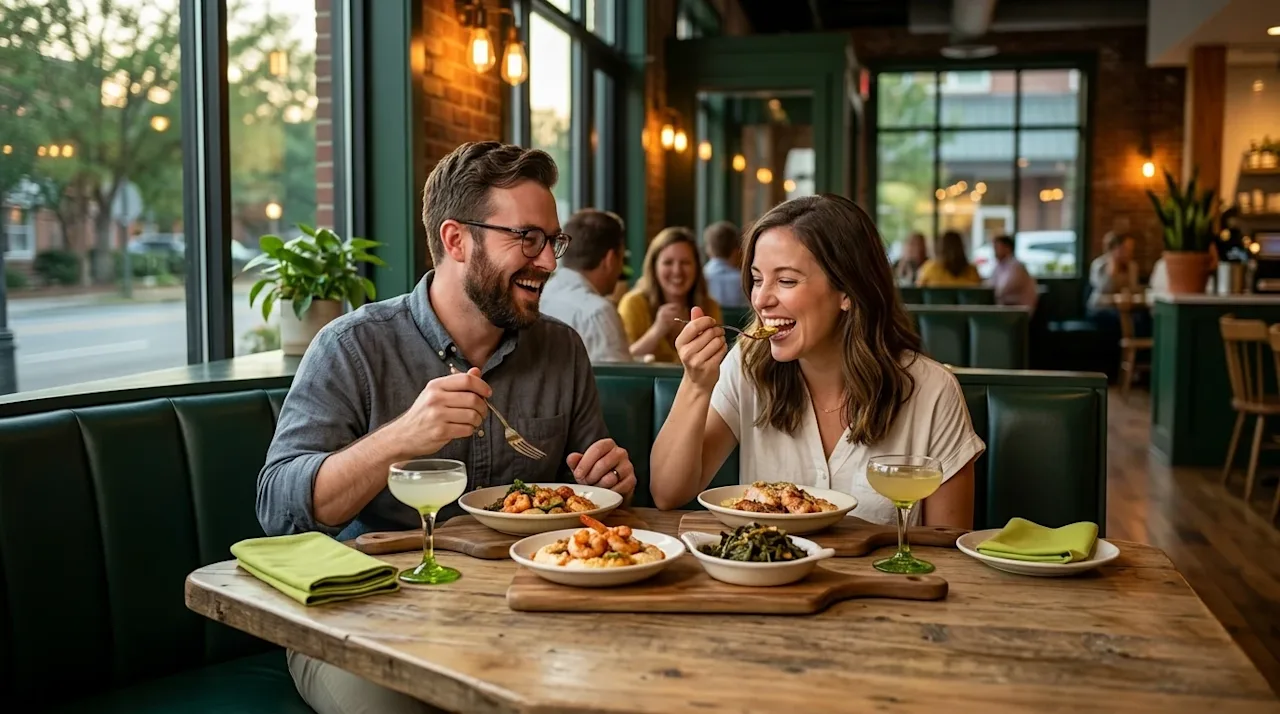 Professional marketing photography of a warm, inviting dining experience at a trendy restaurant in Raleigh. A happy, relaxed