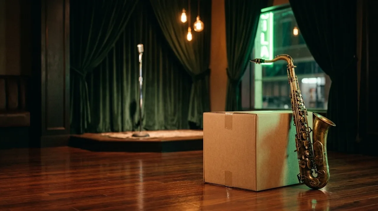 A nostalgic, 35mm film-style photograph set inside a softly lit, historic downtown Tulsa jazz lounge. In the sharp foreground