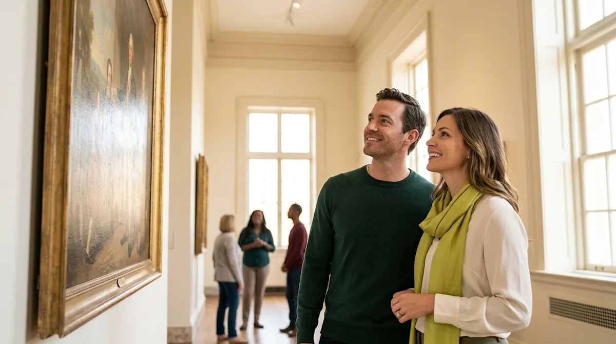 Professional marketing photography of a happy couple exploring a grand, sunlit museum in Memphis, Tennessee. They are viewed