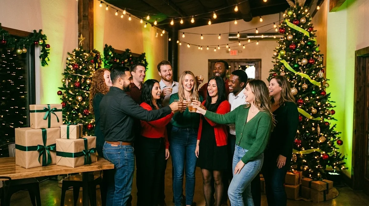 Clear and professional marketing photography of a festive corporate Christmas party in San Antonio. A candid, lively lifestyl