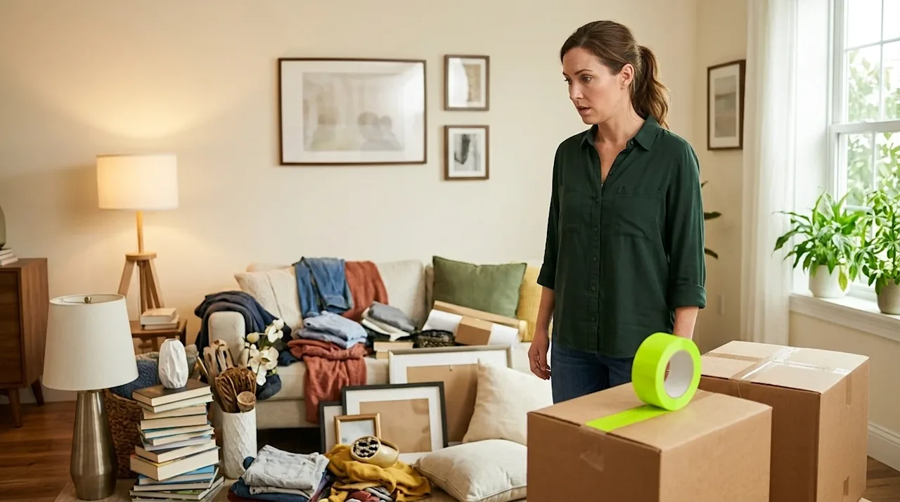 Professional marketing photography of a relatable homeowner standing in an inviting, warm-lit living room, looking mildly sur