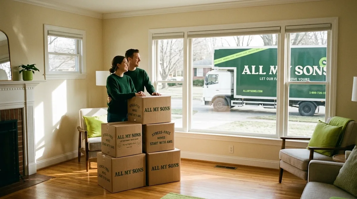 Candid, warm 35mm film photography of a relaxed, smiling couple inside their bright, sunlit home, fully prepared for moving d