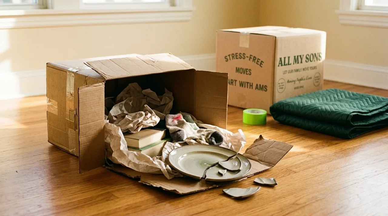 Candid 35mm film style photography illustrating a costly moving mistake. In the foreground, a flimsy, overstuffed cardboard b