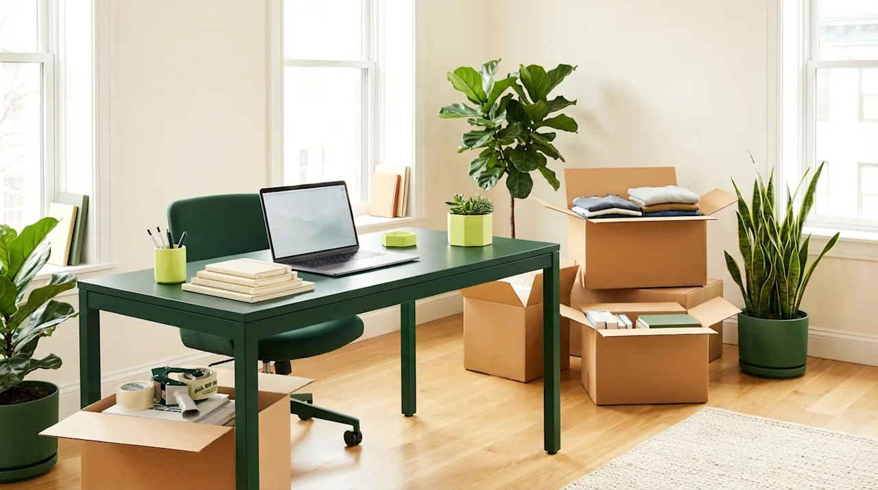 Organized home office after a move featuring a forest green desk, laptop, and tan cardboard boxes with lush plants.