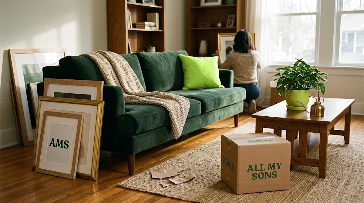 Candid 35mm film style lifestyle photograph of a cozy living room in the process of being decorated after a move. The aesthet
