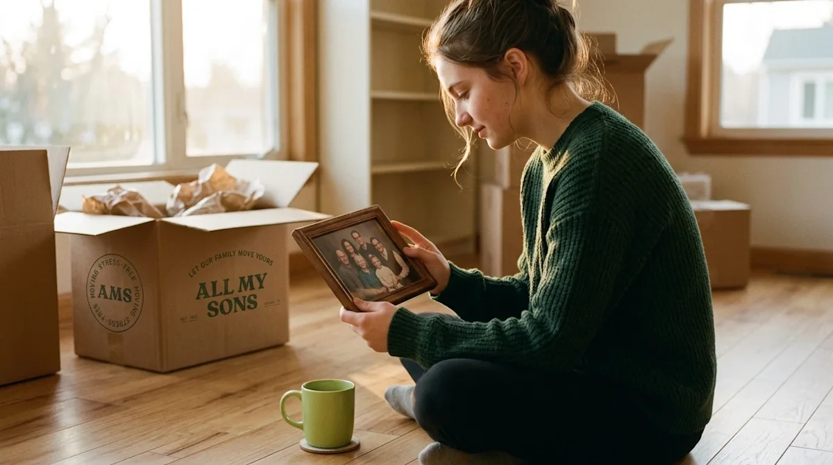 Candid lifestyle photography of a thoughtful person sitting on the warm wooden floor of a partially unpacked new home, gently