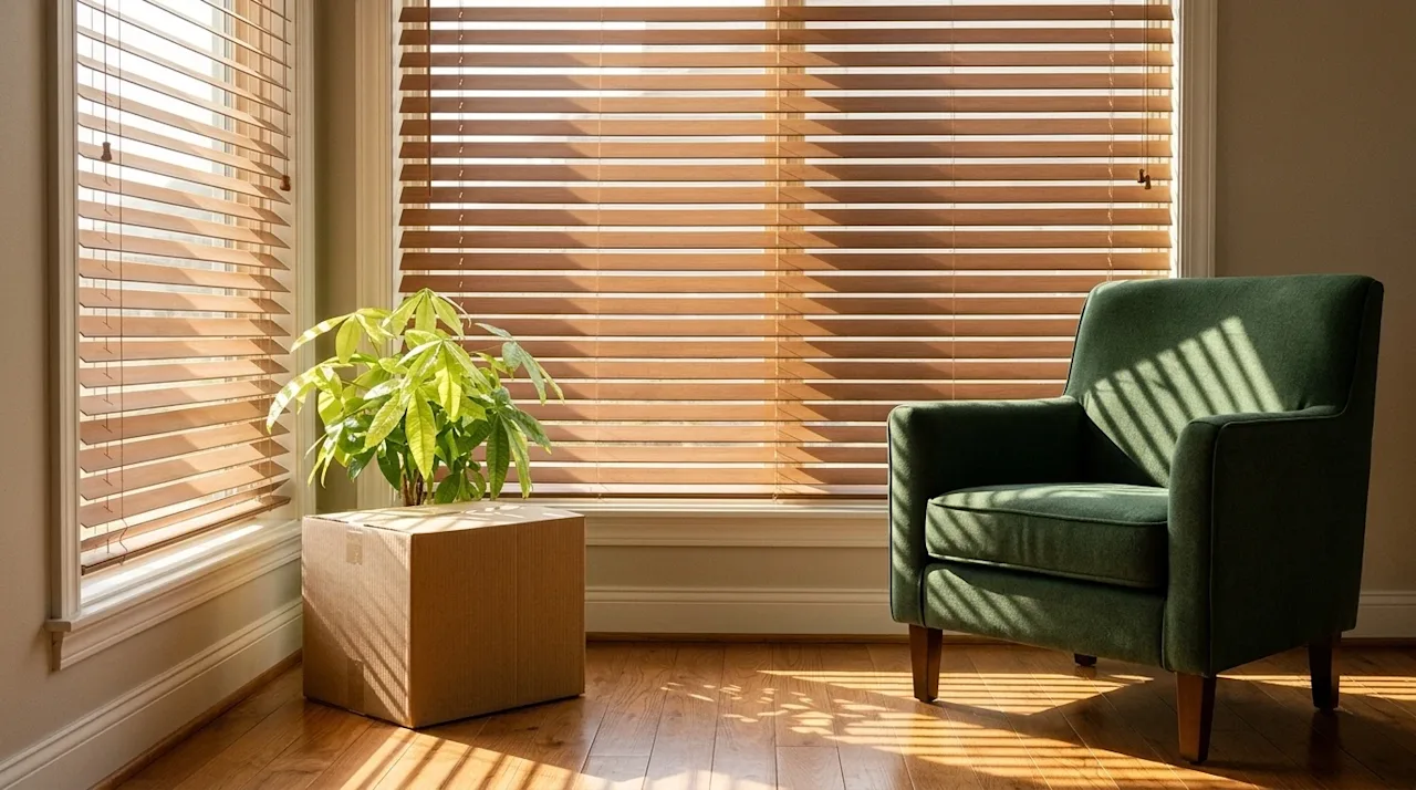 Professional marketing photography of a beautiful, sun-drenched window in a modern, newly moved-into home, focusing on stylis