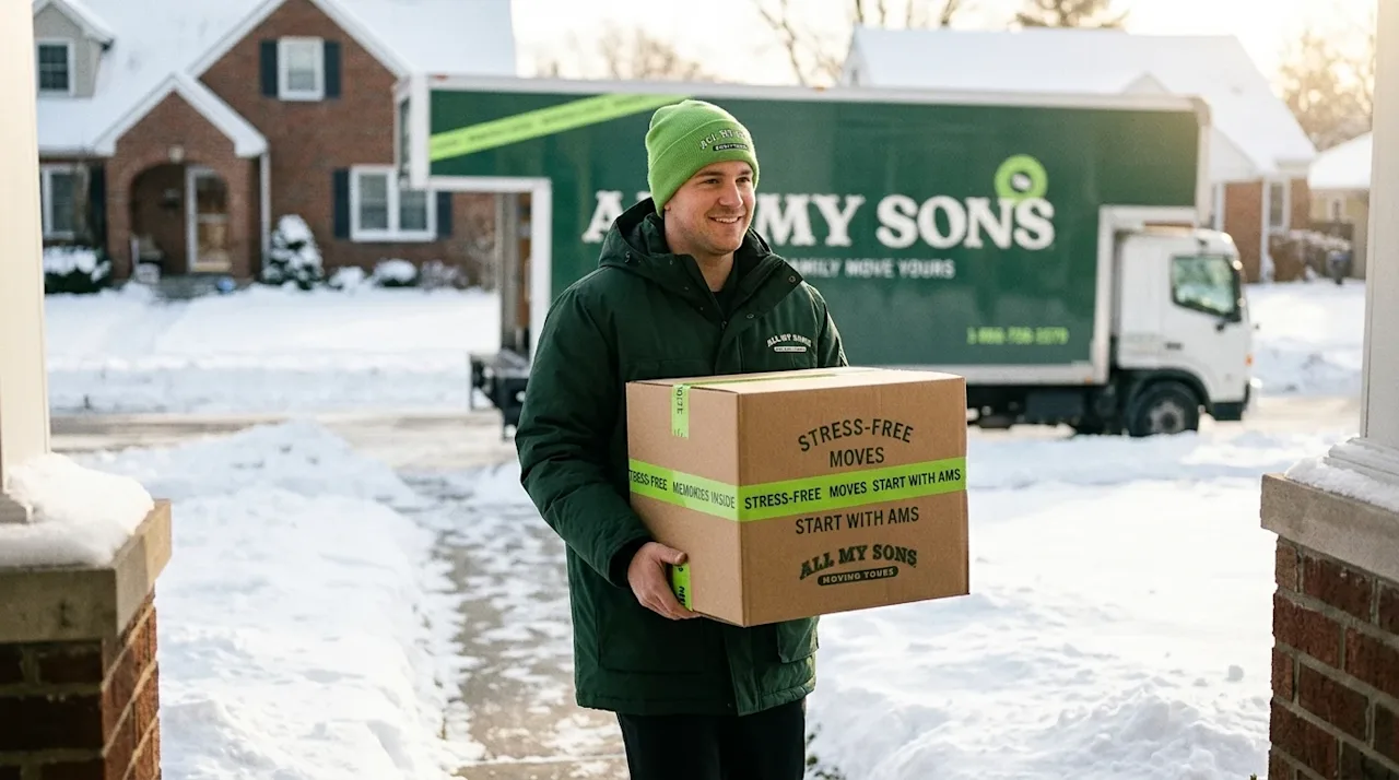 A documentary-style photograph of a friendly moving professional helping out after a heavy winter storm. The worker is wearin
