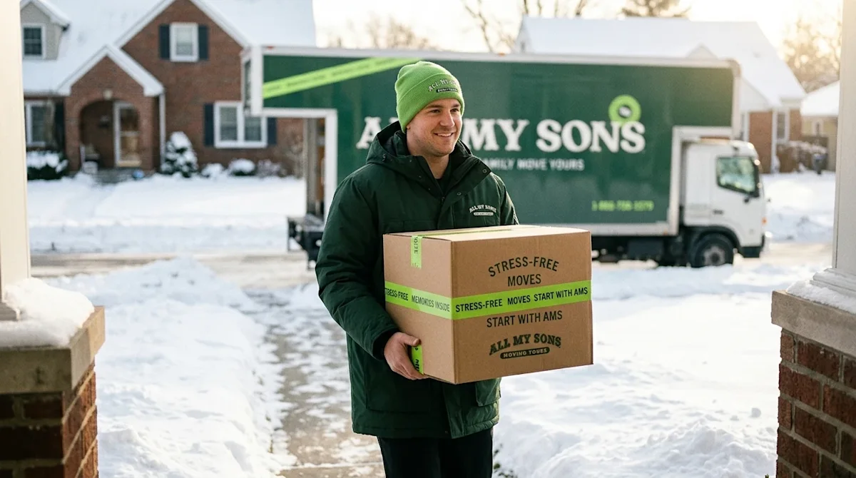 A documentary-style photograph of a friendly moving professional helping out after a heavy winter storm. The worker is wearin