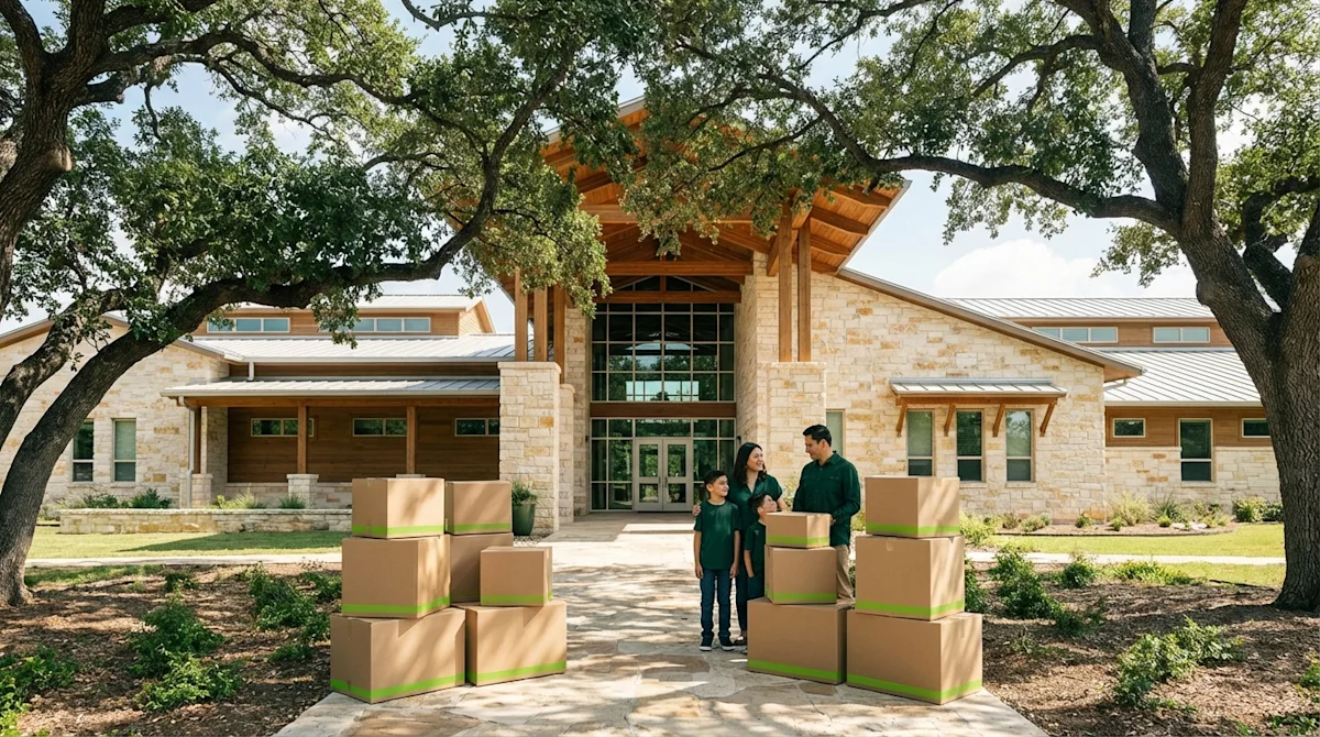Family standing with moving boxes in front of a modern Texas limestone school building in Austin.
