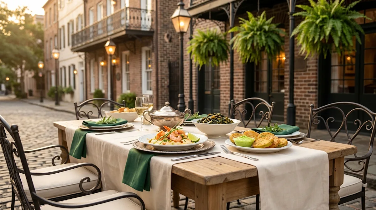 Elegant outdoor dining in historic Charleston featuring Southern cuisine on a wooden table with green napkins.