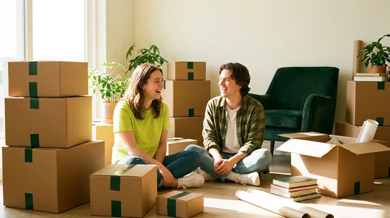 Candid lifestyle photography of two young adult roommates taking a break from moving, sitting on the floor of a bright, sunli