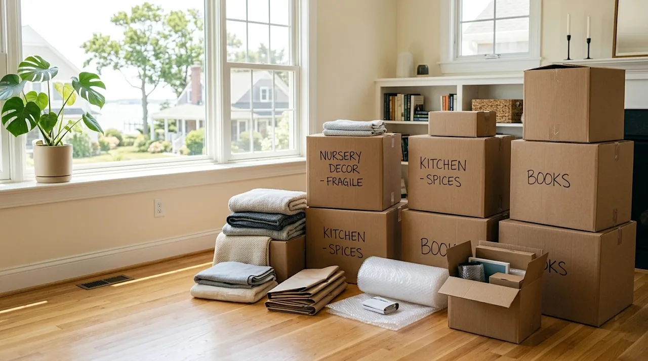Professional lifestyle photography of a highly organized and efficient packing scene in a bright, sunlit living room. Sturdy,