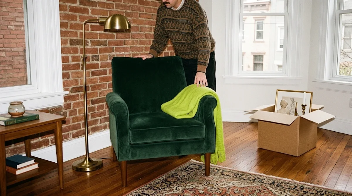 Candid 35mm film photography of a warmly lit, classic Pittsburgh rowhouse living room in the process of being decorated. A pe