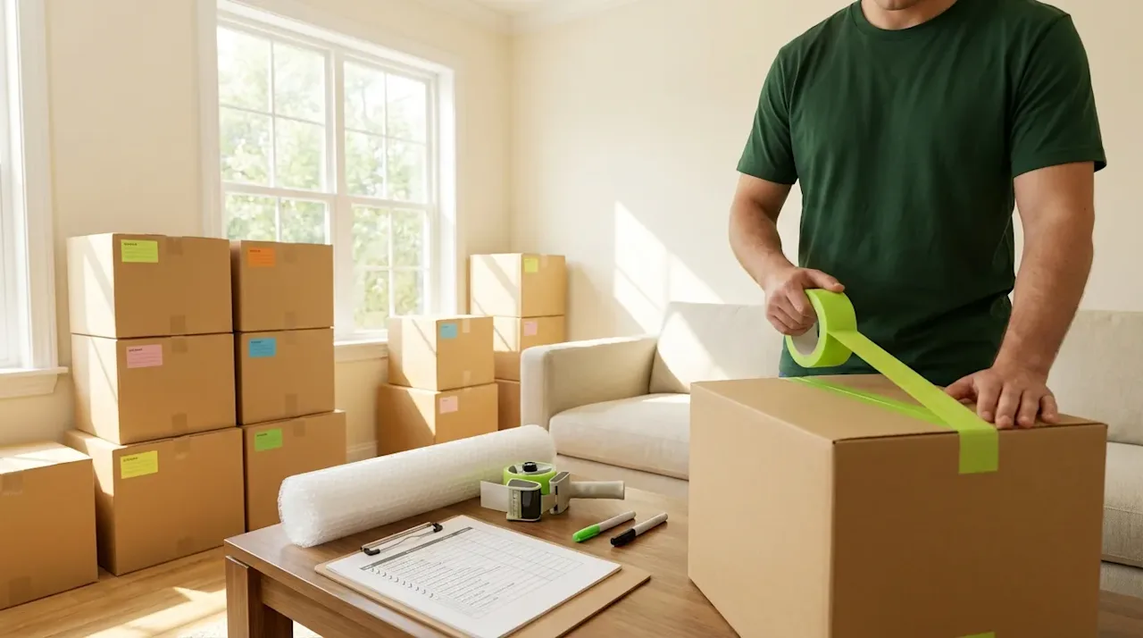 Professional mover using lime green tape to organize boxes in a sunlit room, illustrating efficient moving hacks.