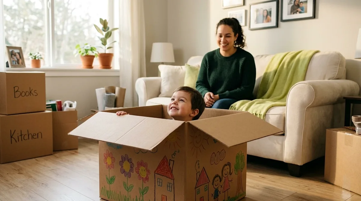 A photorealistic, candid lifestyle photograph of a family creatively reusing moving supplies in their bright, cozy new living