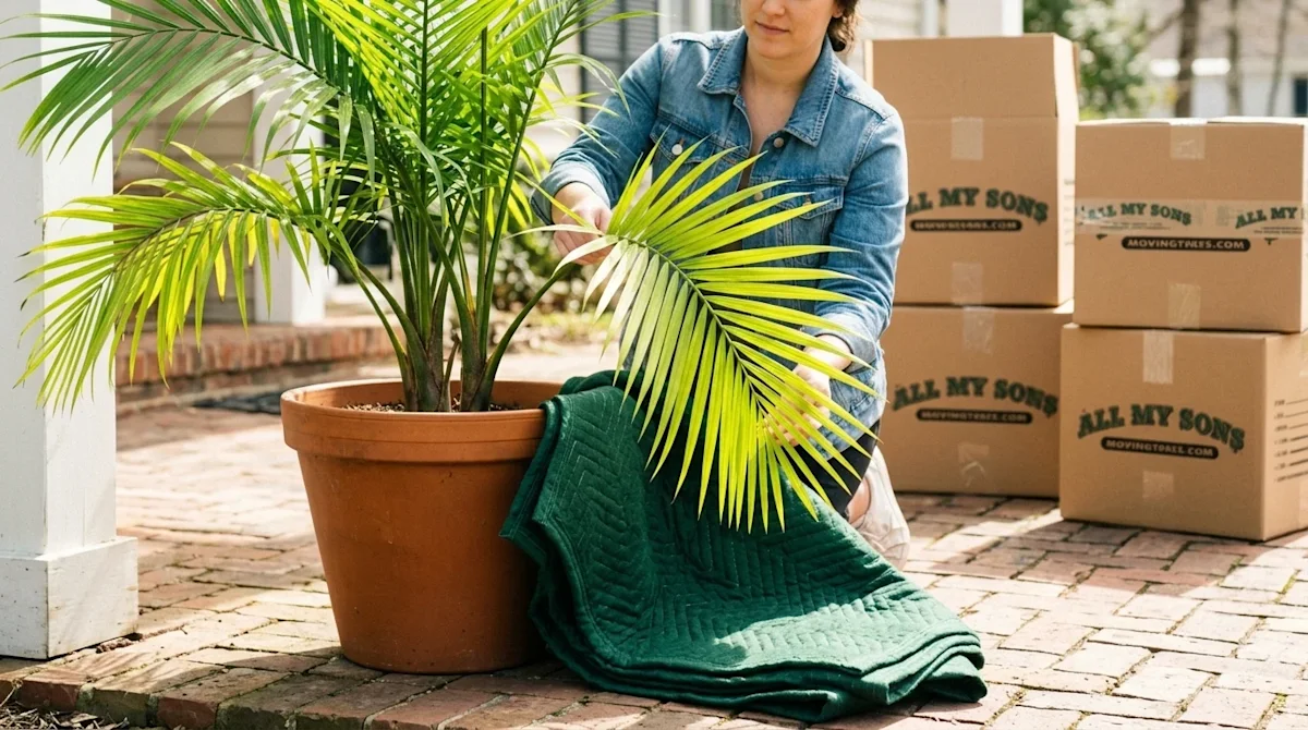 A high-quality lifestyle photograph showing the care of a potted palm tree during a residential move. A person is carefully t