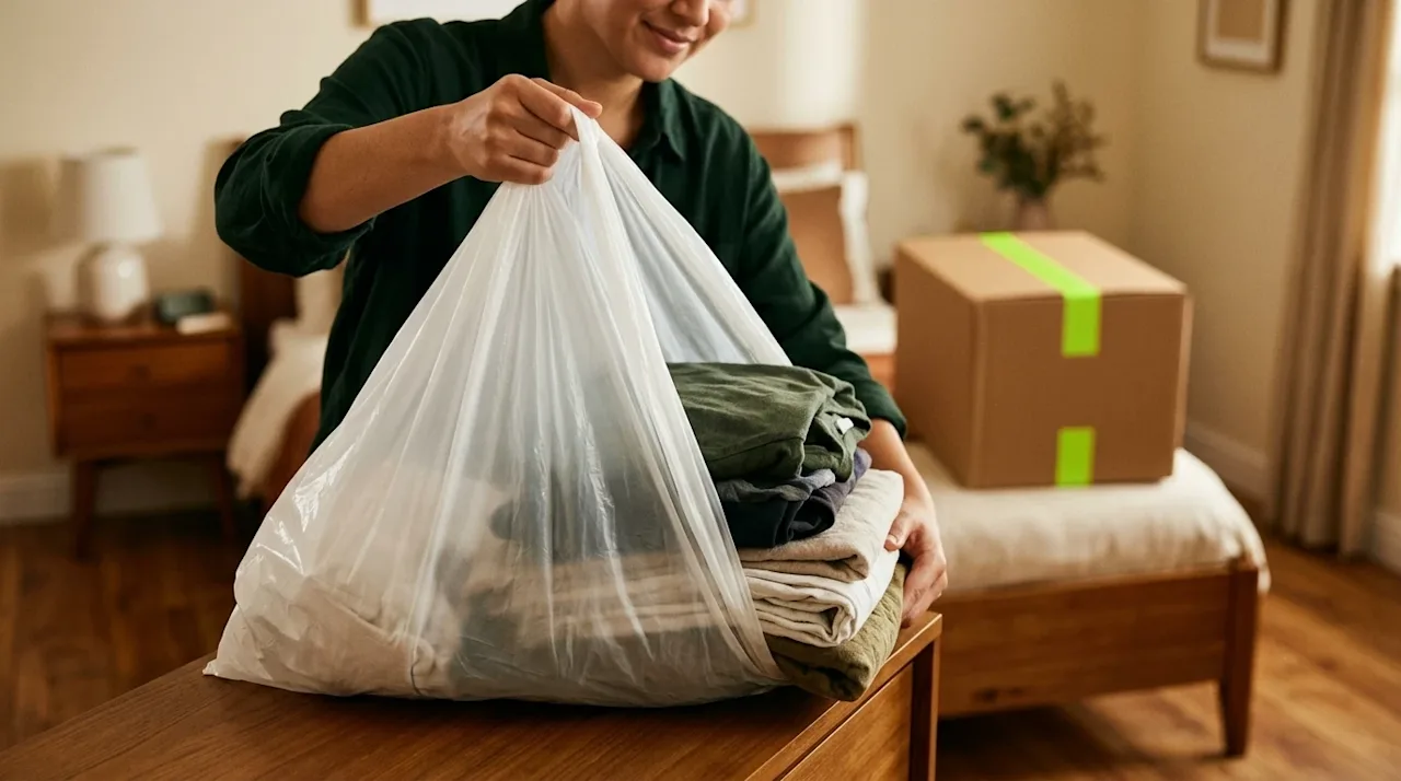 Professional lifestyle marketing photography, medium shot. A person's hands carefully pulling a large, clean trash bag upward