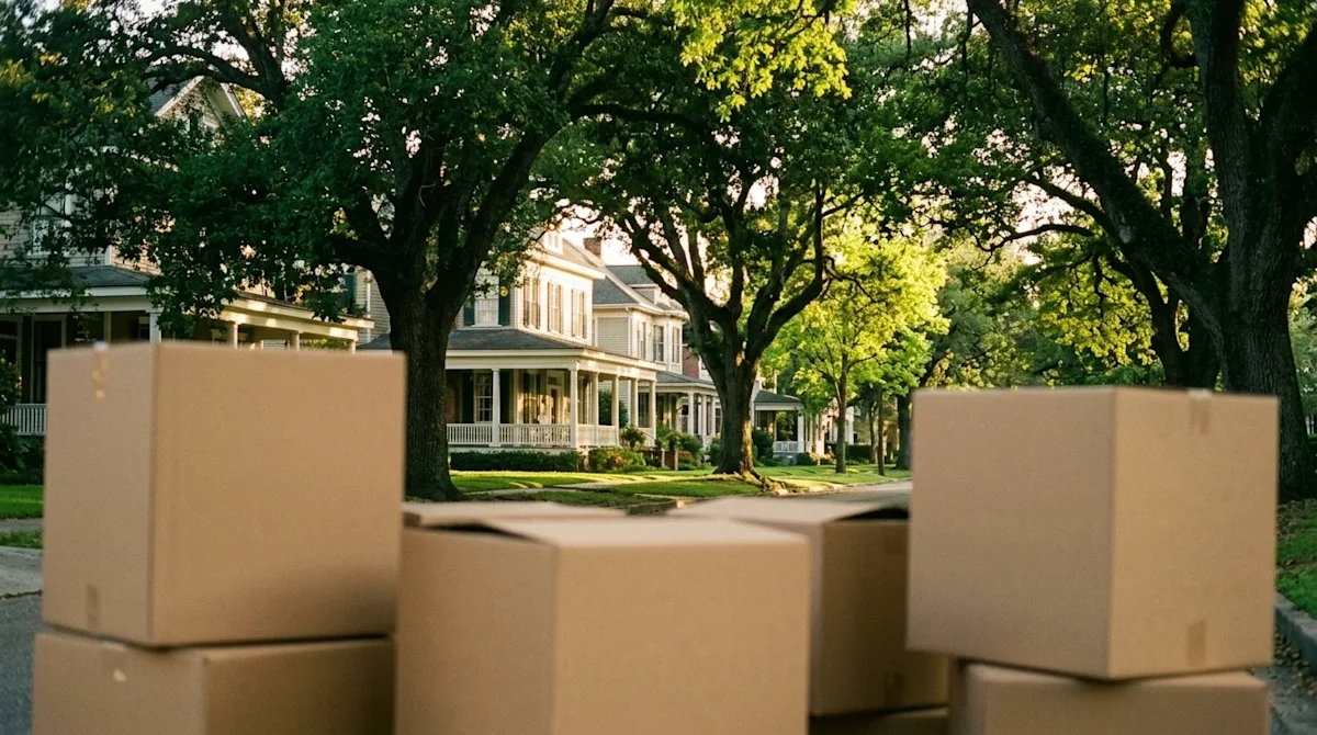 Professional lifestyle photography of a scenic Baton Rouge neighborhood bathed in warm golden hour light. In the foreground,