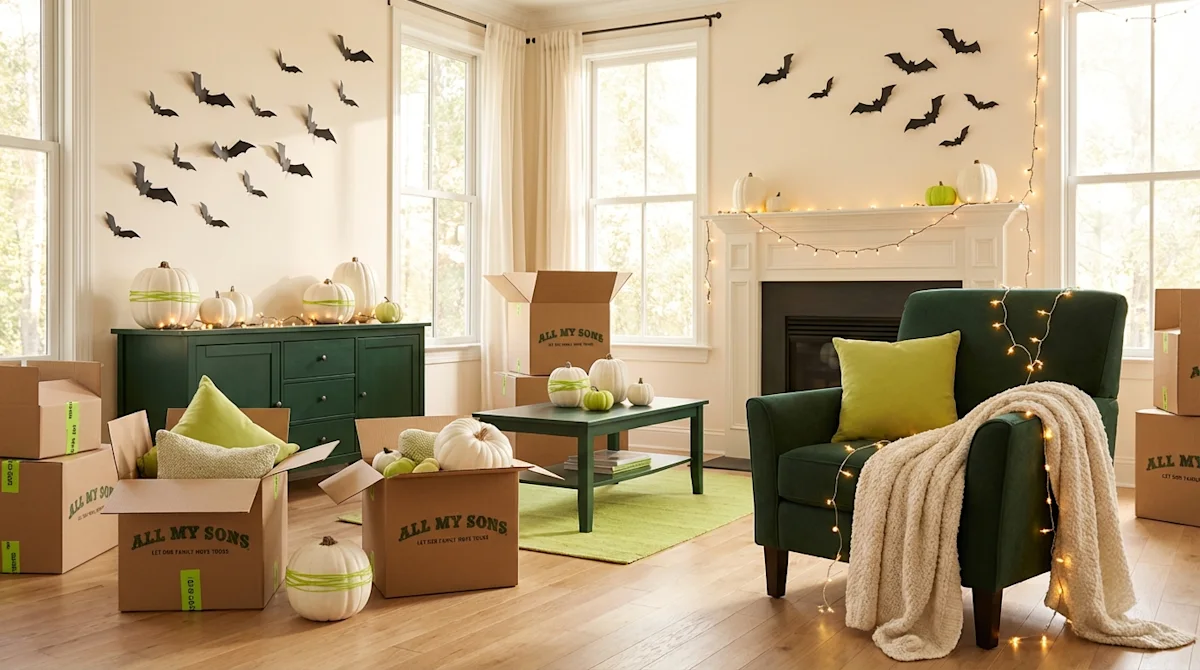 Cozy living room with All My Sons moving boxes and DIY Halloween décor featuring paper bats and white pumpkins.