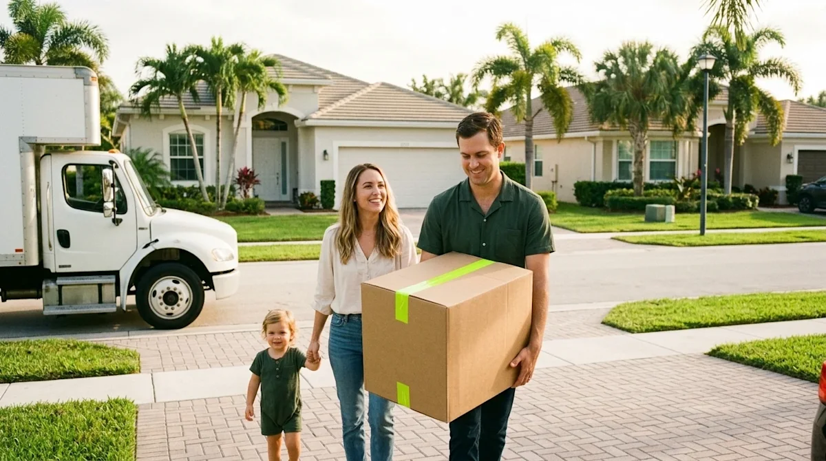 Candid lifestyle photography of a family moving into a beautiful home in a sunny Boynton Beach neighborhood. The scene is bat