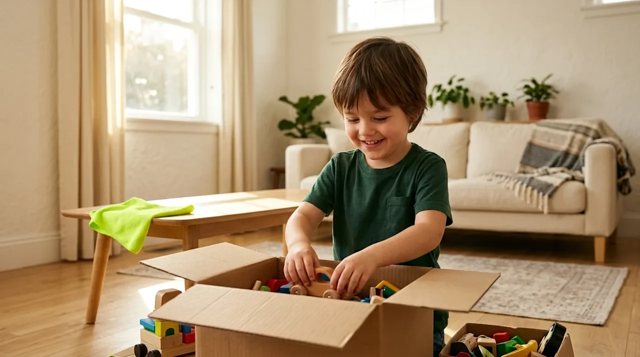 Professional marketing photography, a candid lifestyle shot of a smiling young child helping with household chores by neatly
