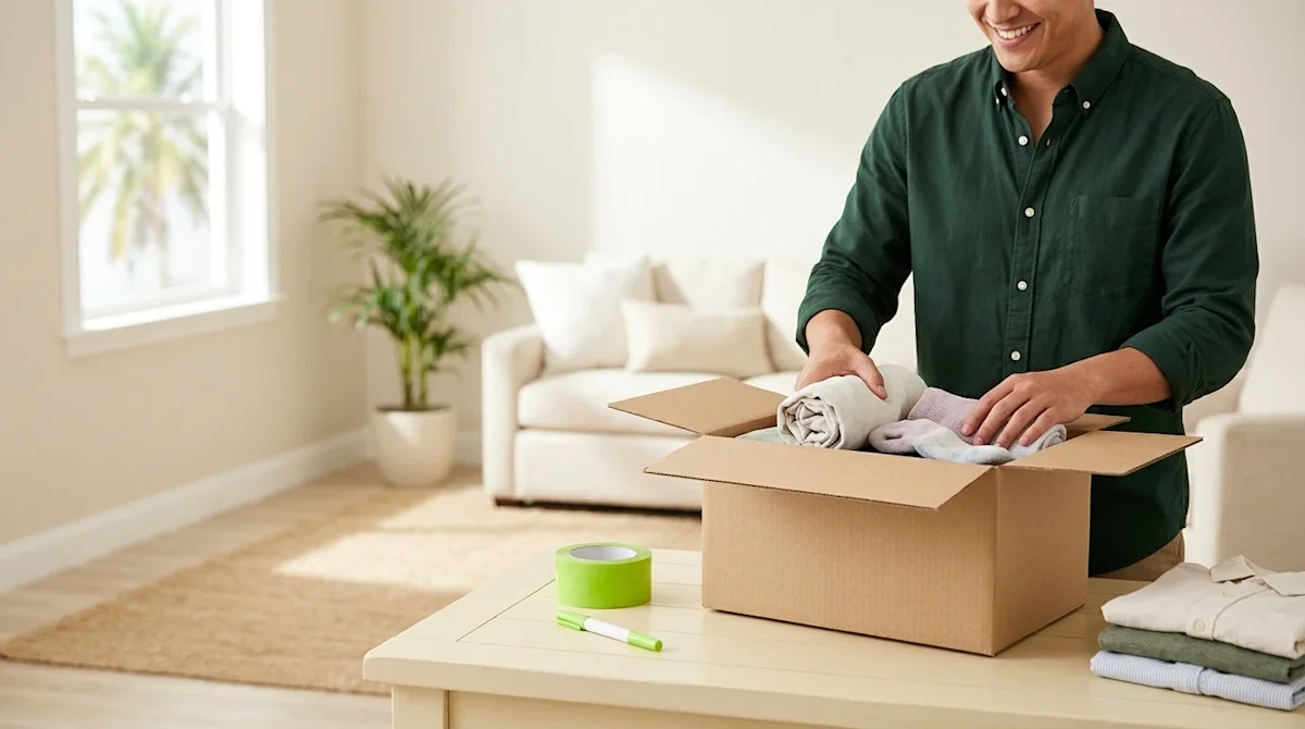 Professional lifestyle marketing photography, high resolution, bright and airy lighting. A beautifully organized, sunlit livi