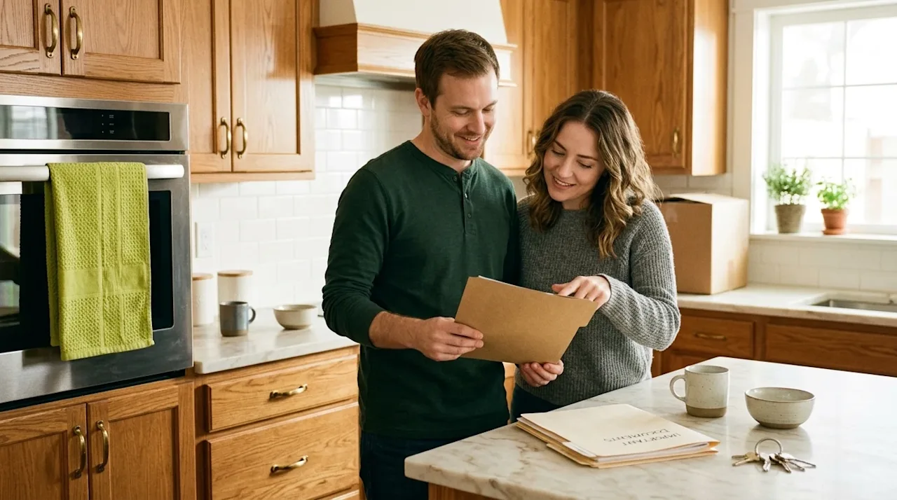 Candid lifestyle photography shot on 35mm film. A warm, authentic scene of a couple standing in the bright, inviting kitchen