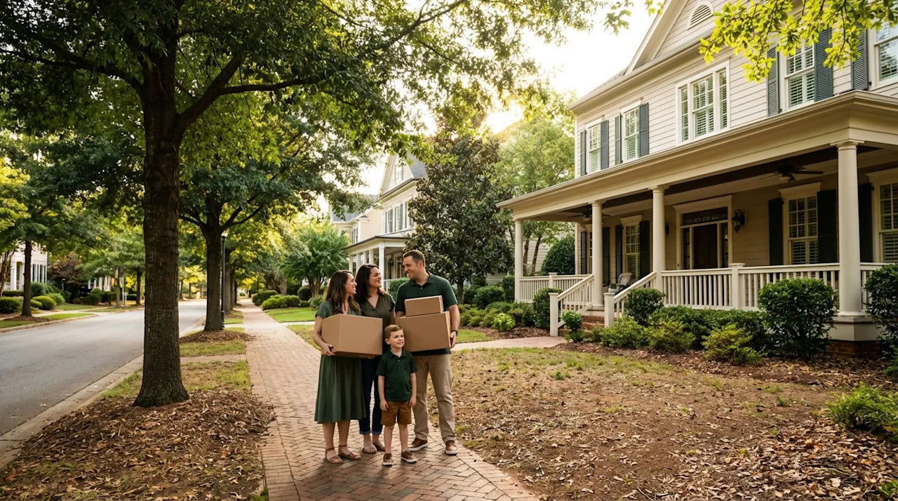 Happy family holding moving boxes in front of a Southern-style home in a tree-lined Charlotte neighborhood.