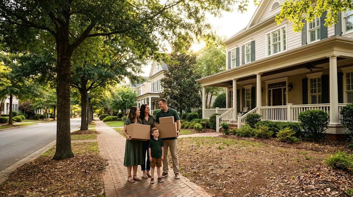Happy family holding moving boxes in front of a Southern-style home in a tree-lined Charlotte neighborhood.