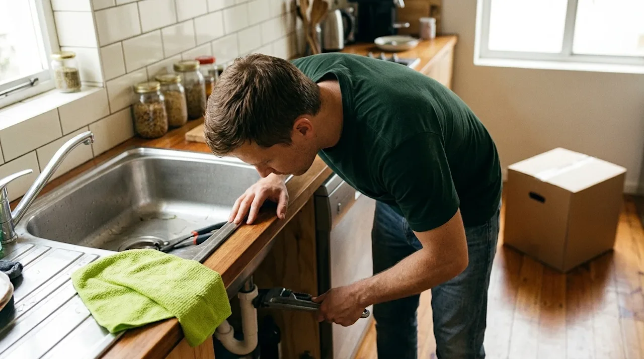 A candid, 35mm film-style lifestyle photograph of a person working to unclog a kitchen sink in an authentic, lived-in home se