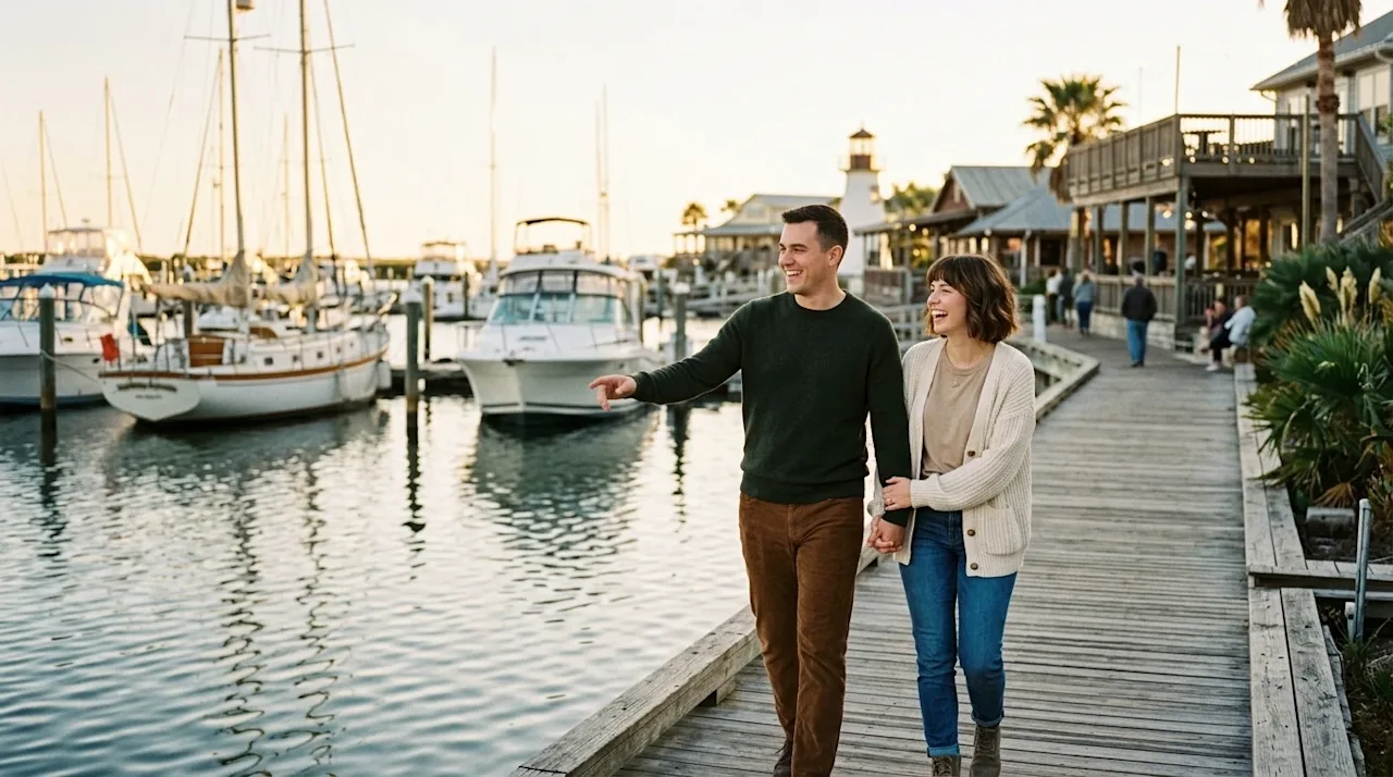 A candid, documentary-style lifestyle photograph of a happy couple exploring a picturesque coastal boardwalk and marina in Ar