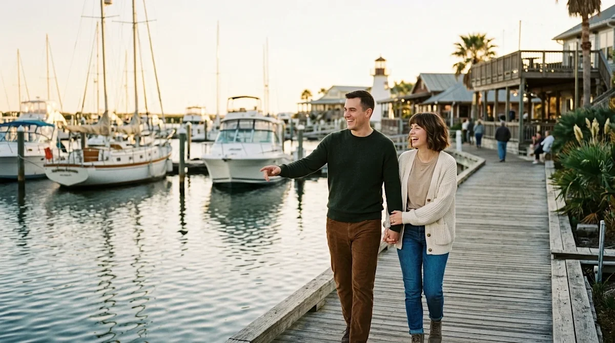 A candid, documentary-style lifestyle photograph of a happy couple exploring a picturesque coastal boardwalk and marina in Ar