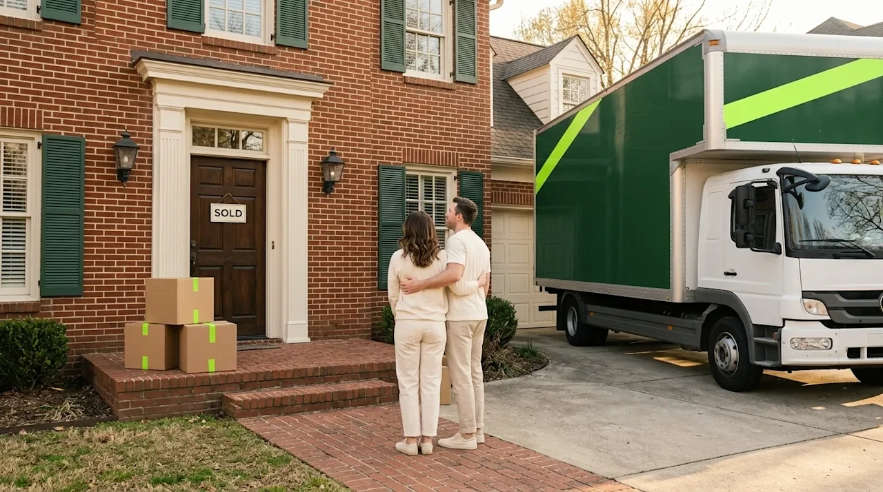 A clear, professional marketing lifestyle photograph of a happy couple standing on the front walkway of a classic, newly purc