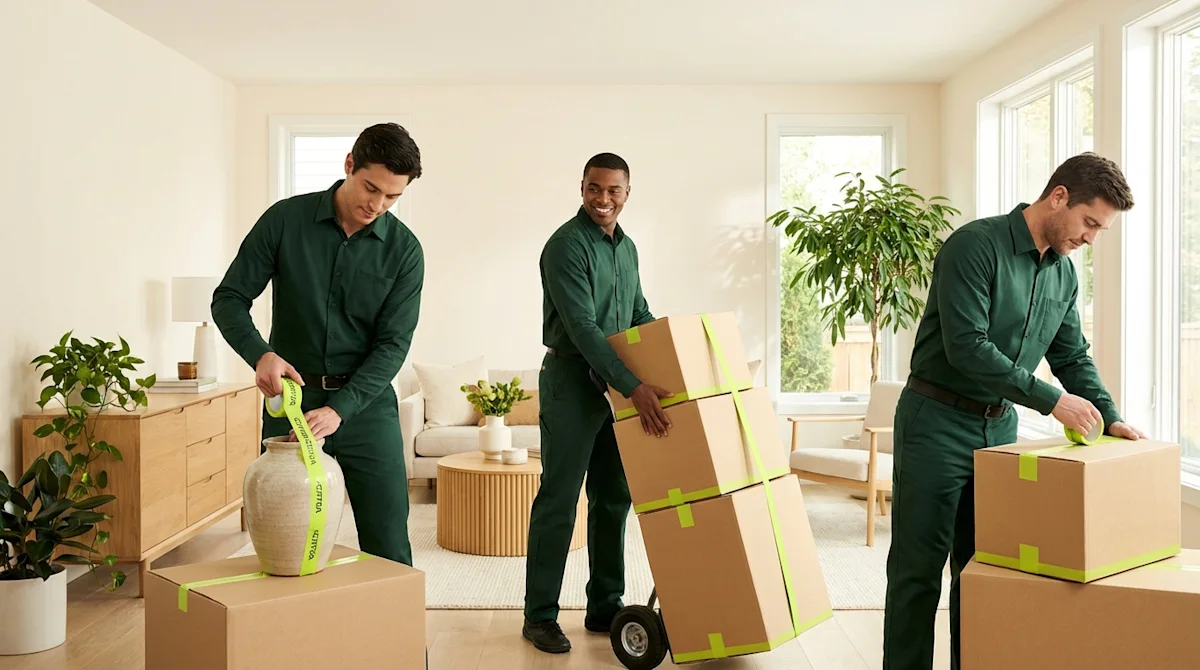 Professional movers in green uniforms carefully packing boxes in a modern home with lime green tape accents.