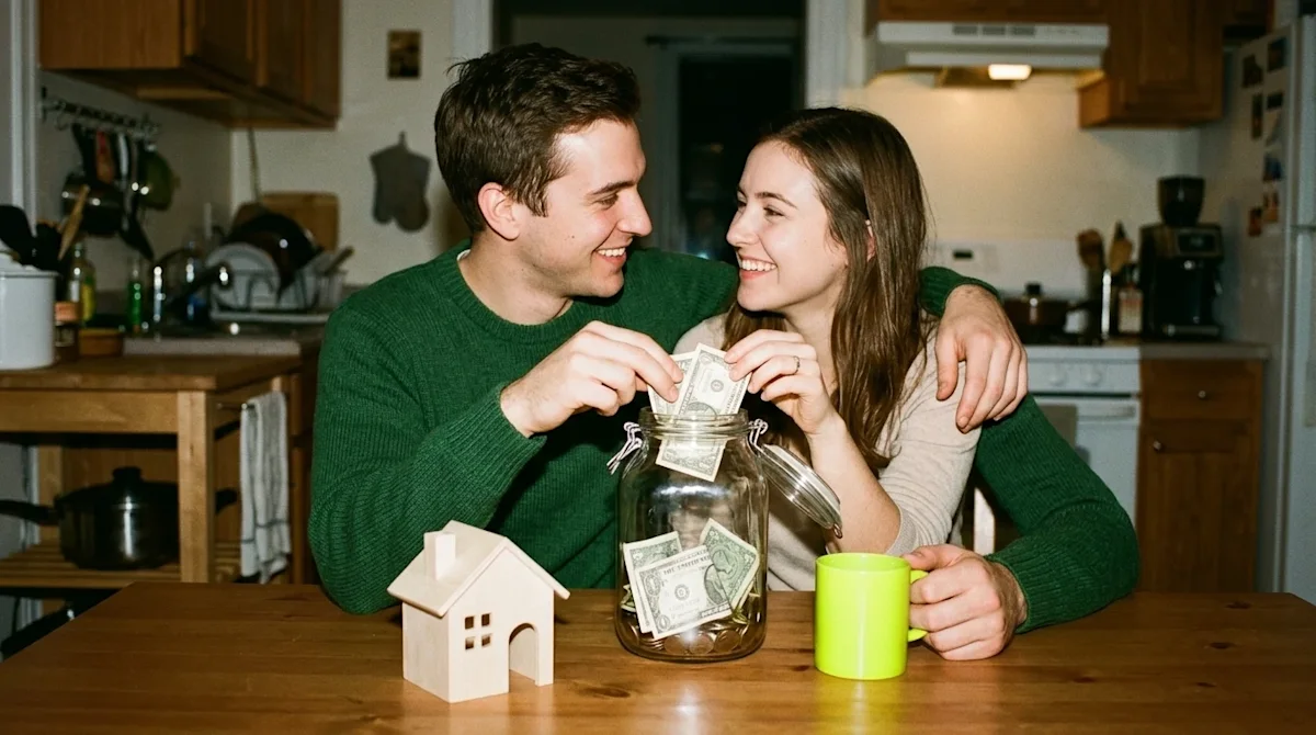 Candid 35mm film photography of a young, relatable couple sitting together at a warm kraft-brown wooden kitchen table, active