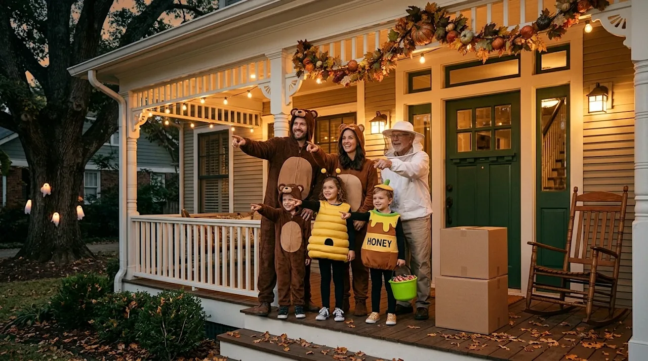 Clear, professional marketing photography of a happy family dressed in fun, family-friendly Halloween costumes standing on th