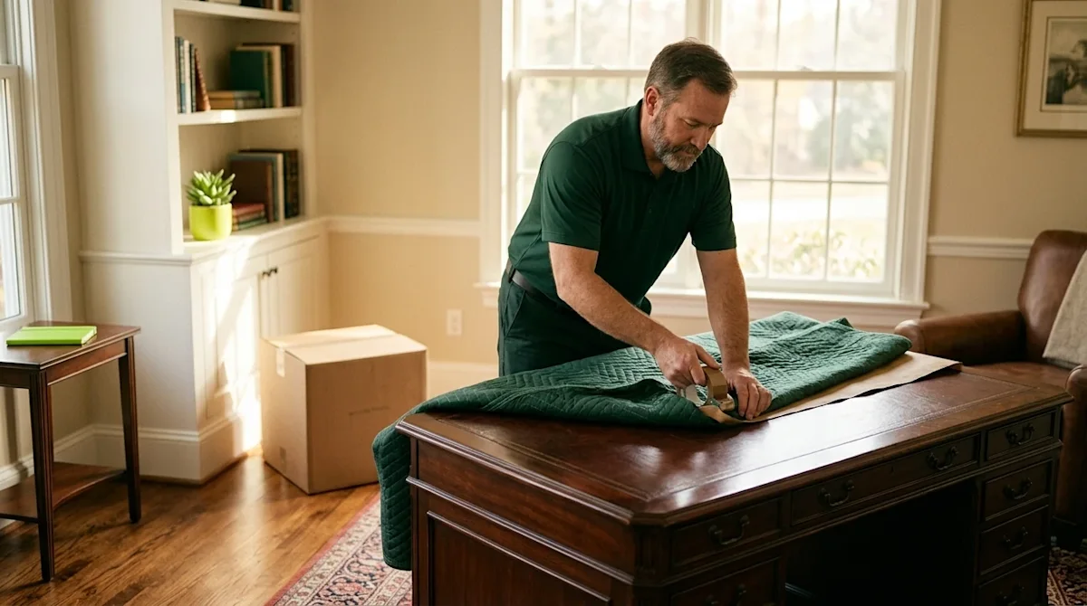 Clear, professional marketing photography of a professional mover carefully wrapping a beautiful, polished antique wooden des